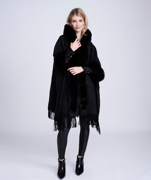 Black Faux Fur Trimmed Wrap with Fringing and Midi Length