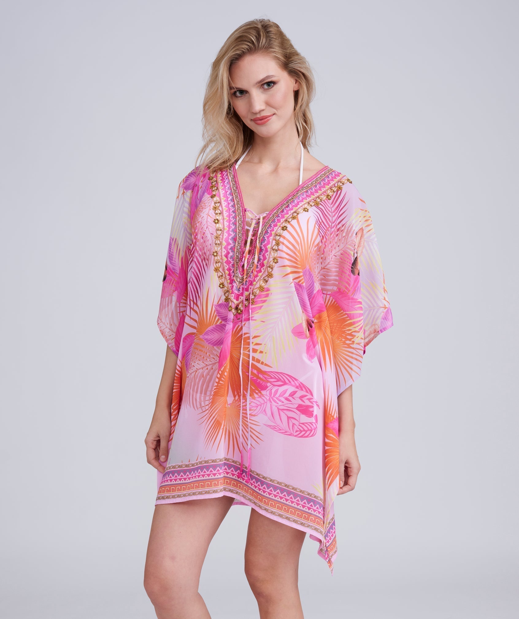 Pink Floral Print Kaftan with Embellished Beading