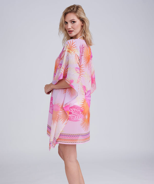 Side View: Pink Floral Print Kaftan with Embellished Beading