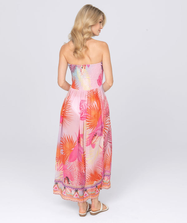 Back View: Pink Floral Maxi Dress with Elasticated Bandeau Top