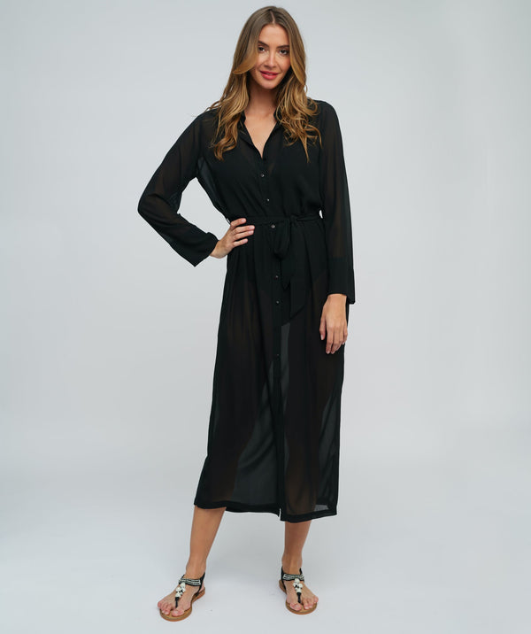 Sheer Black Midi Shirt Dress with Waist Tie