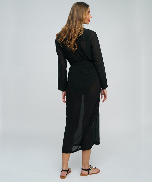 Sheer Black Midi Shirt Dress with Waist Tie