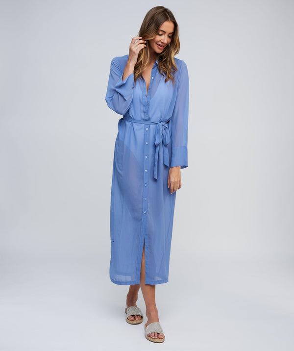 Blue Sheer Shirt Dress with Waist Tie and Button-Front Opening