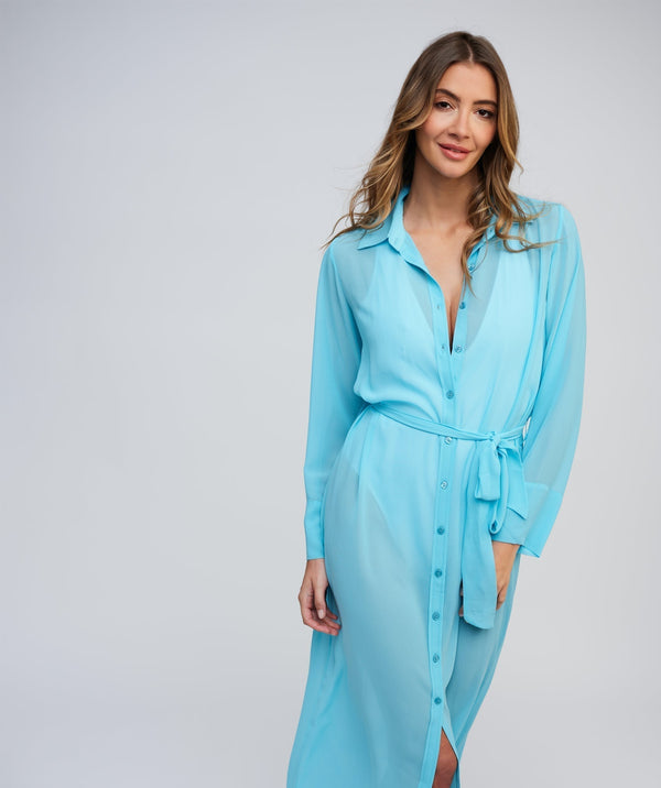 Turquoise Sheer Shirt Dress with Waist Tie