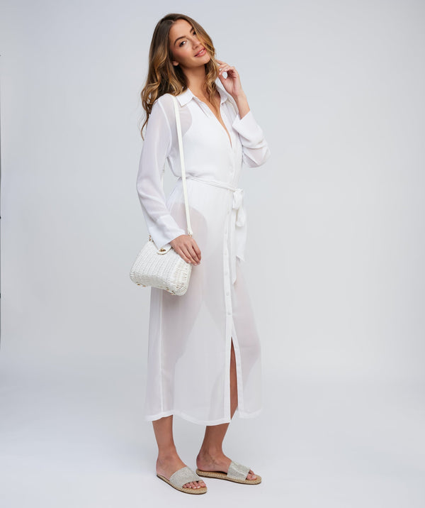 White Sheer Shirt Dress with Waist Tie and Midi Length