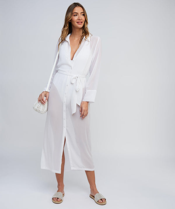 White Sheer Shirt Dress with Waist Tie and Midi Length