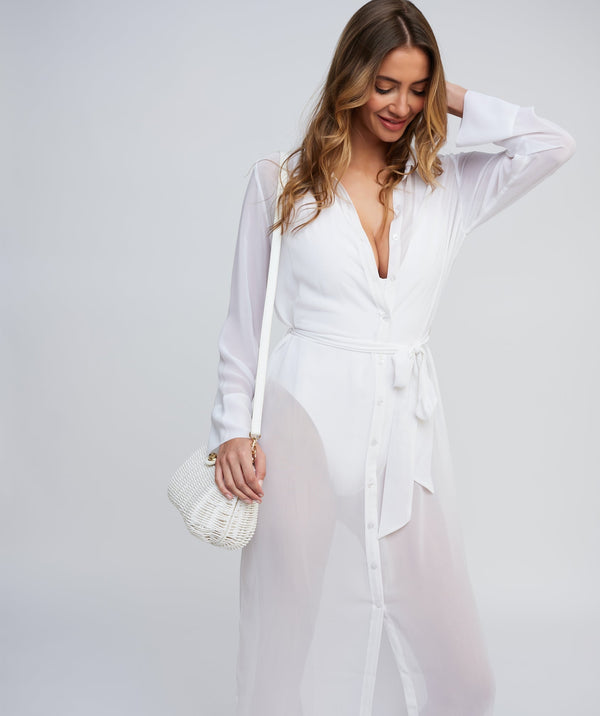 White Sheer Shirt Dress with Waist Tie and Midi Length