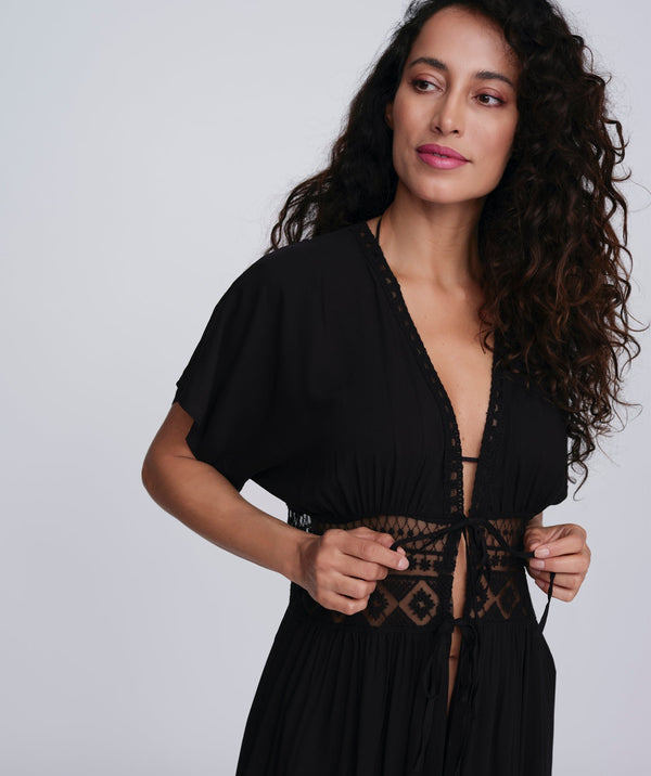 Black Beach Kimono with Cap Sleeves and Lace Insert