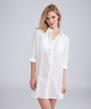 White Midi Beach Shirt with Perforated Cut Out Design