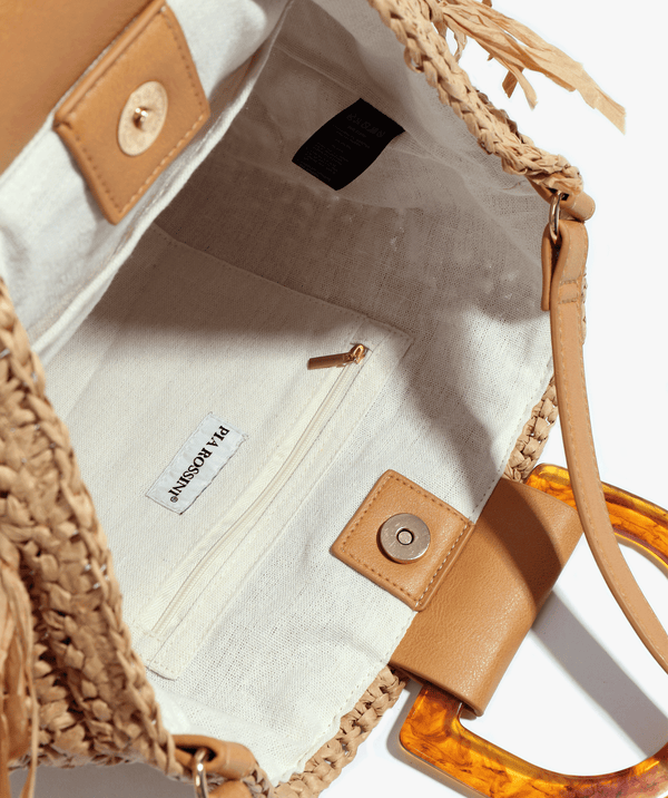 Natural Straw Bag with Adjustable Strap and Tortoiseshell Handle