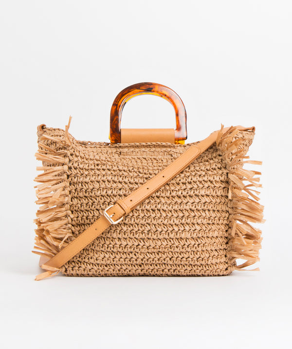 Natural Straw Bag with Adjustable Strap and Tortoiseshell Handle