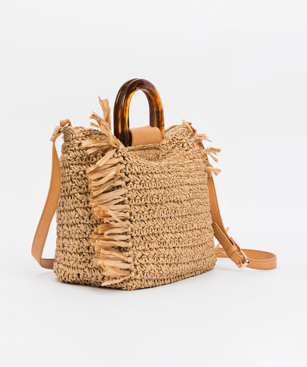 Natural Straw Bag with Adjustable Strap and Tortoiseshell Handle