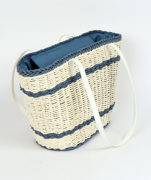 Blue and White Striped Straw Tote Bag with Zip Closure