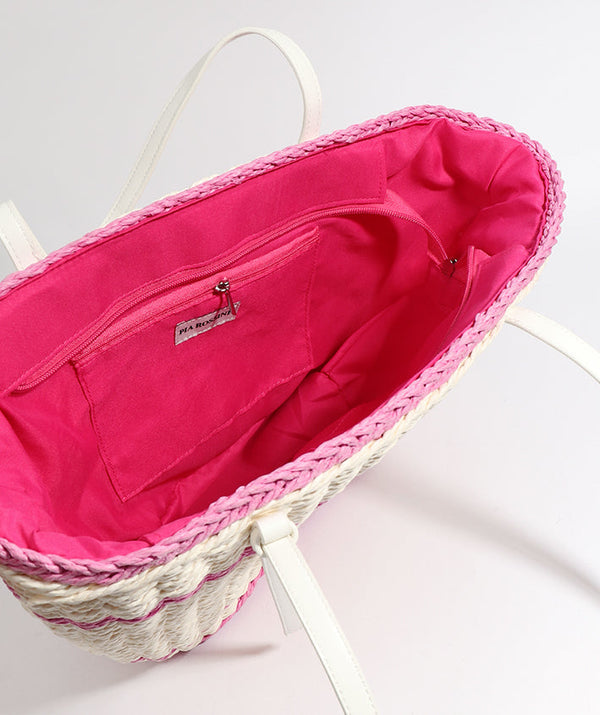 Pink White Straw Beach Basket