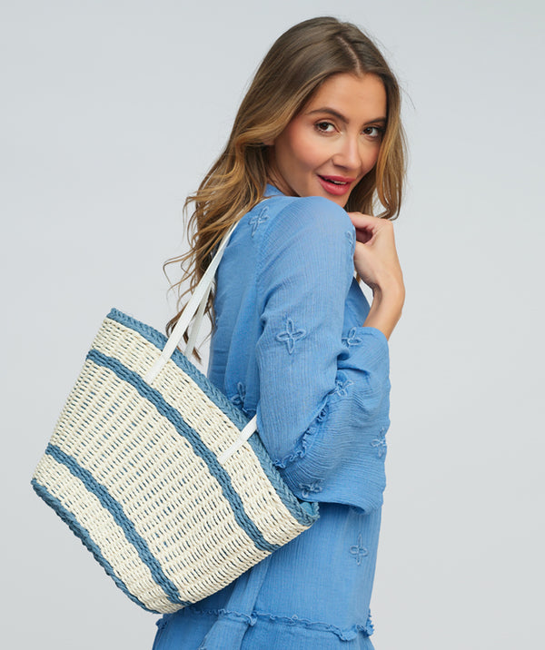 Blue and White Striped Straw Tote Bag with Zip Closure