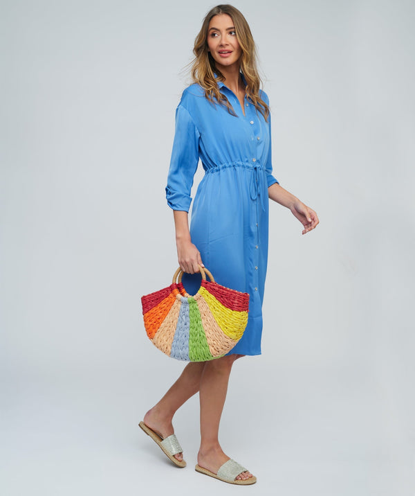 Blue Button-Front Midi Shirt Dress with Tie Waist