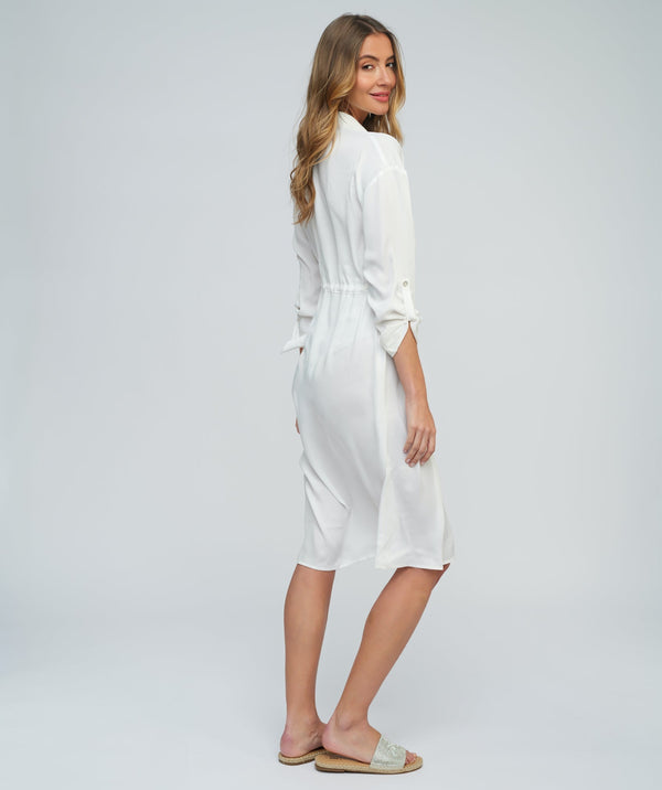 White Opaque Drawstring Waist Shirt Dress