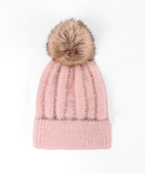 Embellished Pom Pom Hat - Pink