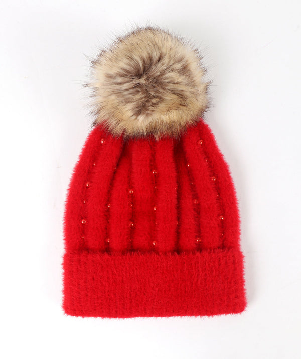 Embellished Pom Pom Hat - Red