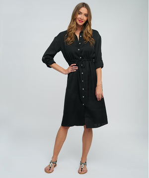 Black Midi Length Shirt Dress with Button Through