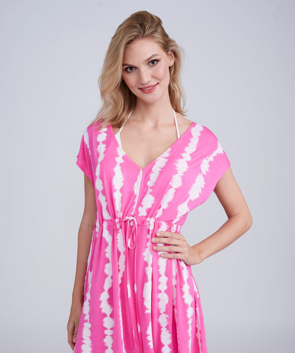 Hot Pink Striped Beach Dress with V Neck