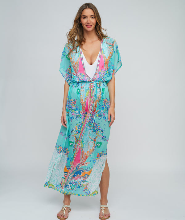 Aquamarine Maxi Cover Up with Tasseled Hem