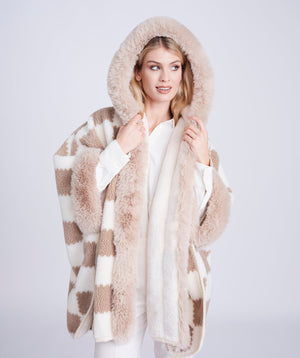 Almond/Beige Textured Knit Wrap with Faux Fur Collar