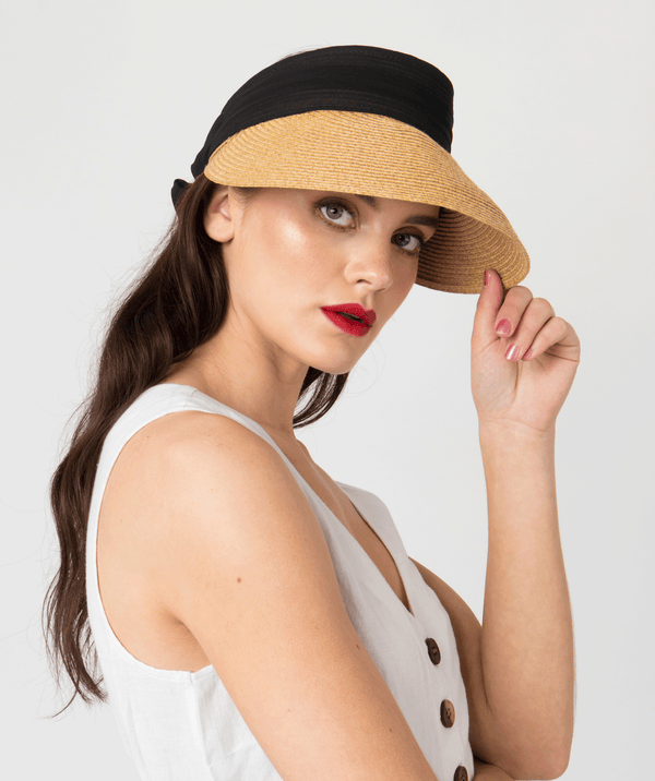 Black Straw Roll-Up Visor with Chiffon Tie