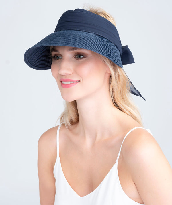 Navy Straw Roll-Up Visor with Chiffon Tie