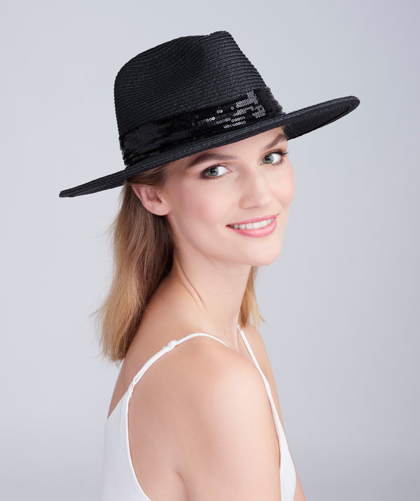 Black Straw Fedora Hat with Sequin Trim and Adjustable Size