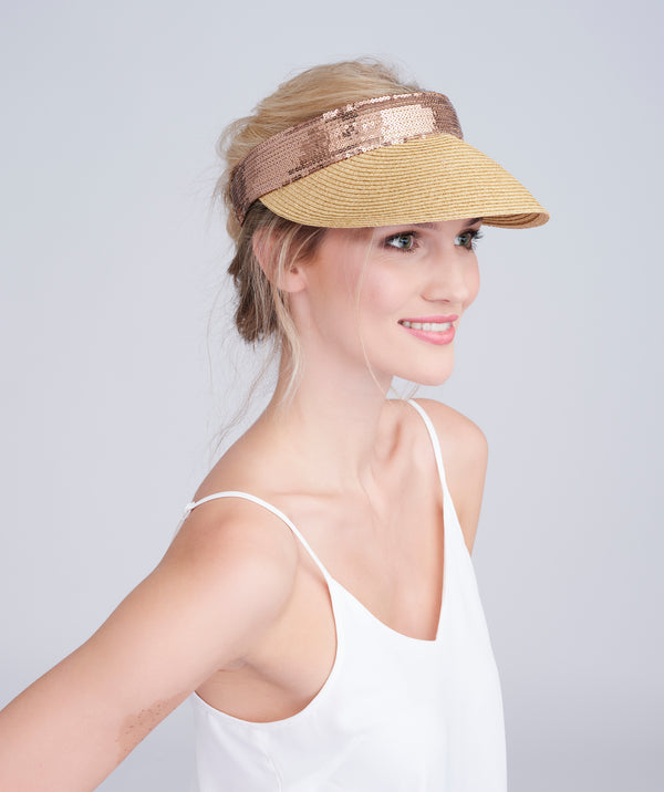 Natural Straw Visor with Sparkling Sequin Trim