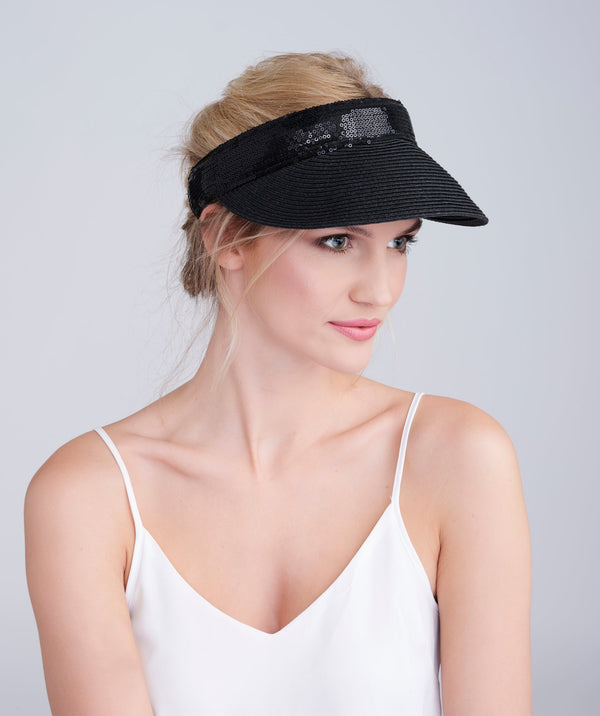 Black Straw Visor with Sparkling Sequin Trim