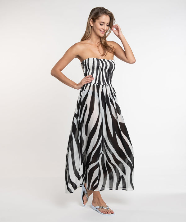 Black/White Animal Print Maxi Cover up with Tassel Trim