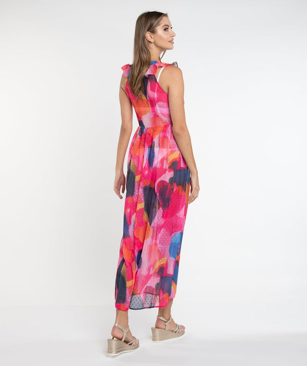 Fuchsia Tropical Print Cotton Maxi Dress