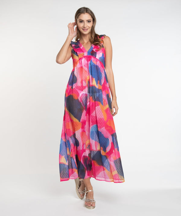 Fuchsia Tropical Print Cotton Maxi Dress