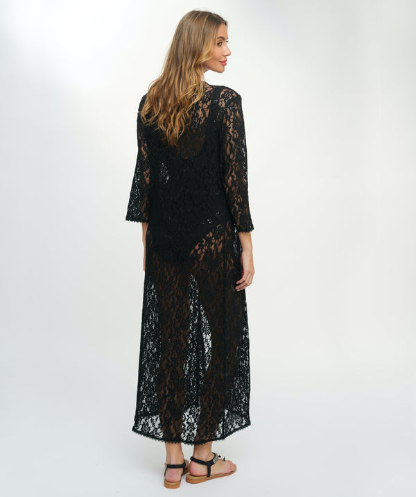 Black Floral Lace Kimono with Sequin Embellishments and Belt