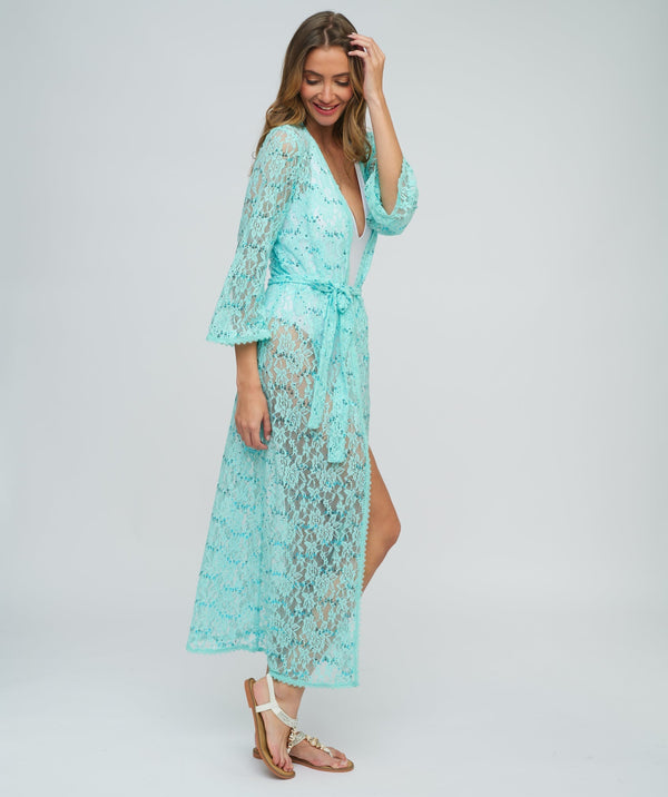 Turquoise Sequin Lace Kimono with Tie Belt