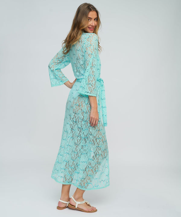 Turquoise Sequin Lace Kimono with Tie Belt