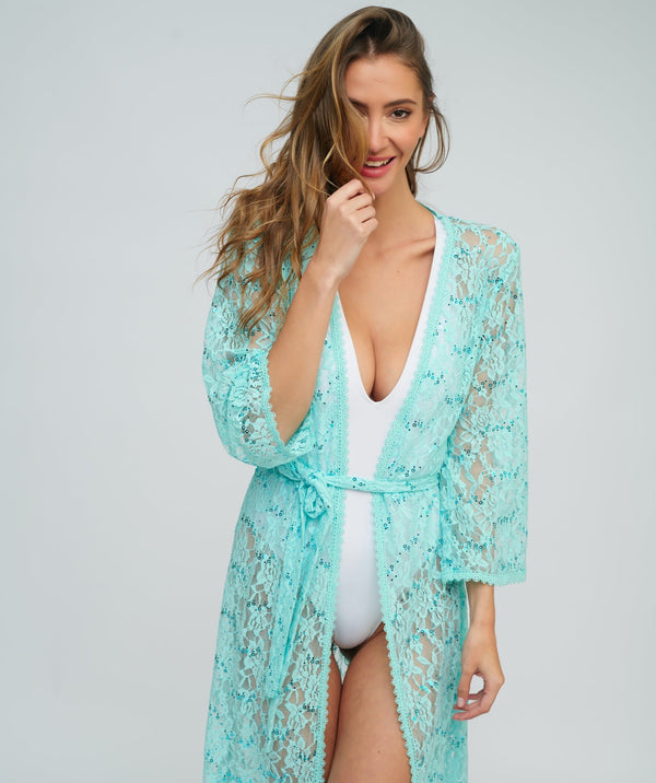 Turquoise Sequin Lace Kimono with Tie Belt