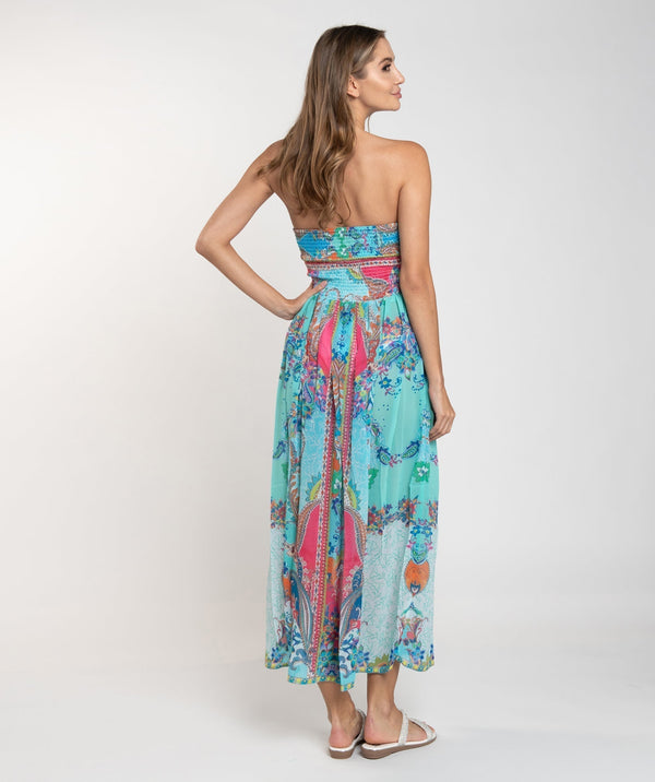 Multicoloured Strapless Maxi Dress with Tropical Print and Elasticated Top