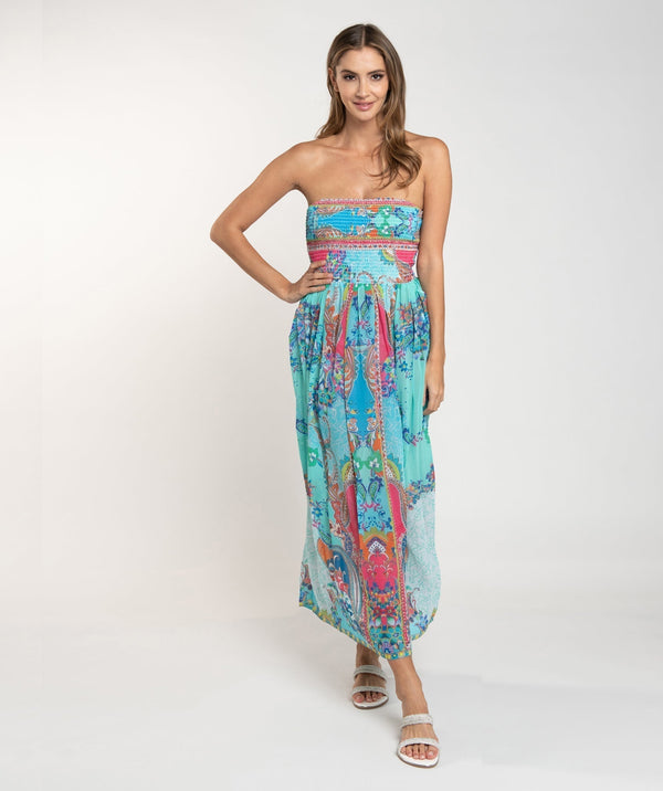 Multicoloured Strapless Maxi Dress with Tropical Print and Elasticated Top