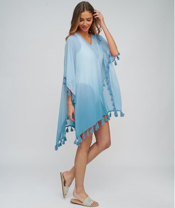 Turquoise Sheer OmbrÃƒÆ’Ã†â€™Ãƒâ€šÃ‚Â© Cover-Up with Tassel Trim