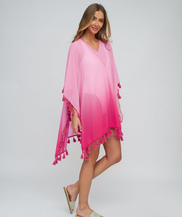 Pink OmbrÃƒÆ’Ã†â€™Ãƒâ€šÃ‚Â© Cover-Up with Tassel Trim and Embellished Neckline