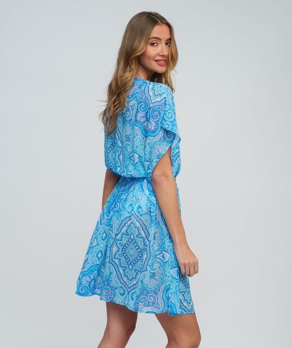 Blue Paisley Printed Chiffon Maxi Dress with Deep-V Neckline