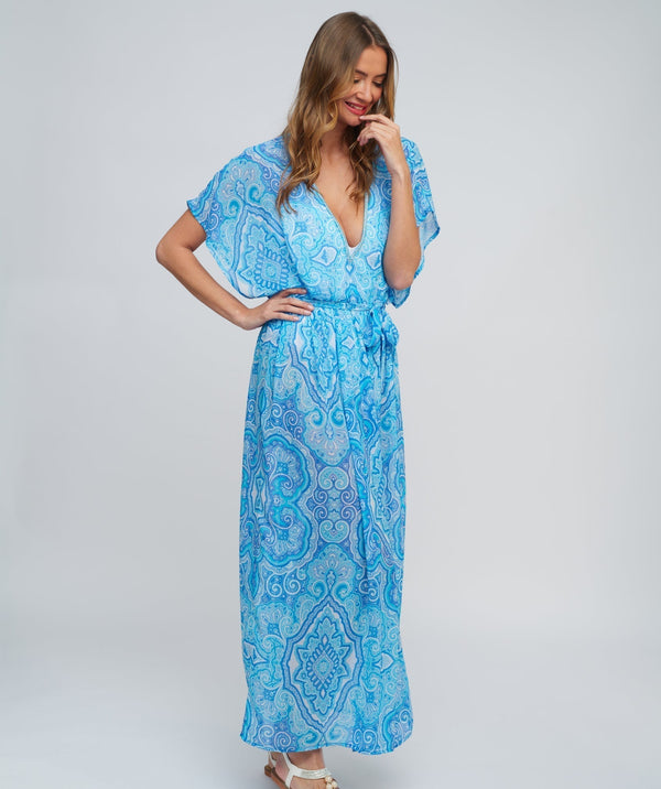 Blue Paisley Printed Chiffon Maxi Dress with Deep-V Neckline