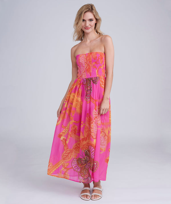 Hot Pink Butterfly Print Strapless Maxi Dress