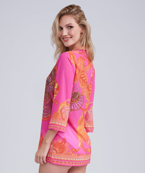 Back View: Pink Butterfly Beach Cover Up with Jewelled Neckline