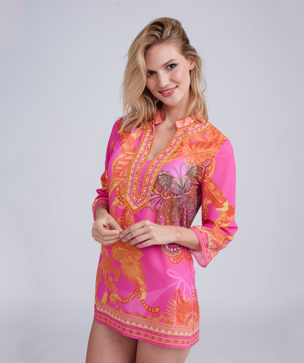 Pink Butterfly Beach Cover Up with Jewelled Neckline