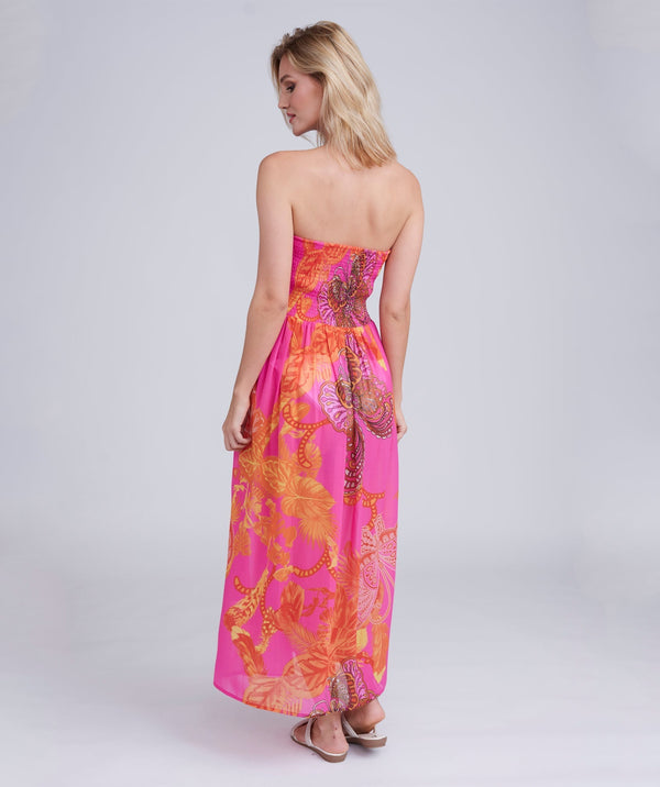 Pink Butterfly Print Maxi Dress with Elasticated Bandeau