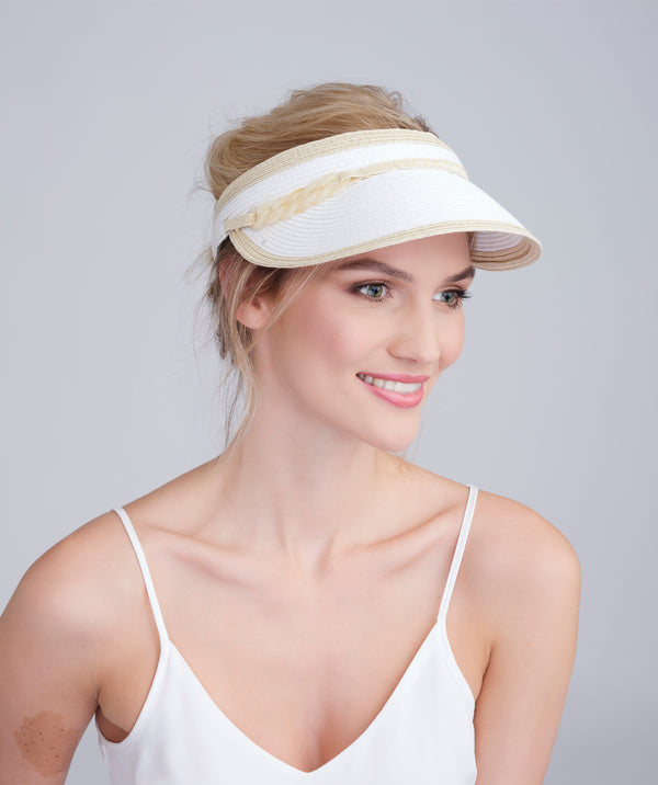 White/Natural Paper Straw Visor with Chain Belt Embellishment